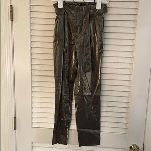 Lulu's Olive Edgy Metallic Satin Elastic Paper Bag Waist Sash Pants Sleek Design